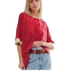 Hixiaohe Women's Short Sleeve Color Block Oversized T-shirt ~ Red